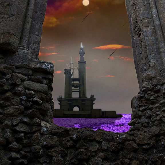 photo synthesis image where several images were merged to create a castle on an alien world