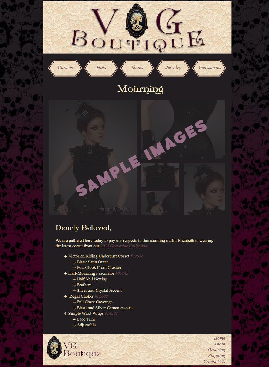 example website created to showcase a ficticious product line of victorian gothic clothing